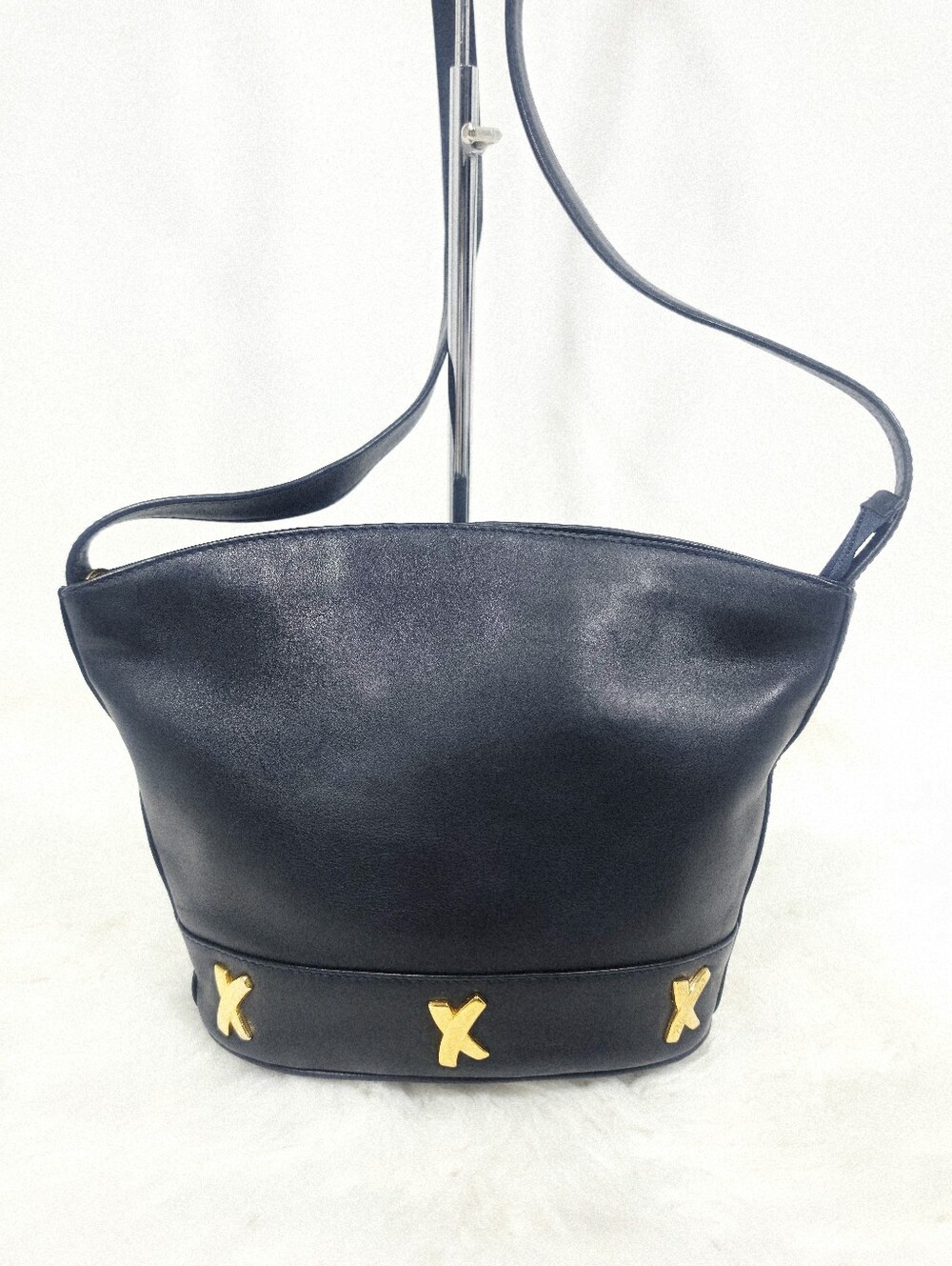 Paloma Picasso Navy Leather Crossbody Shoulder Bag Gold X Vintage Made in Italy
